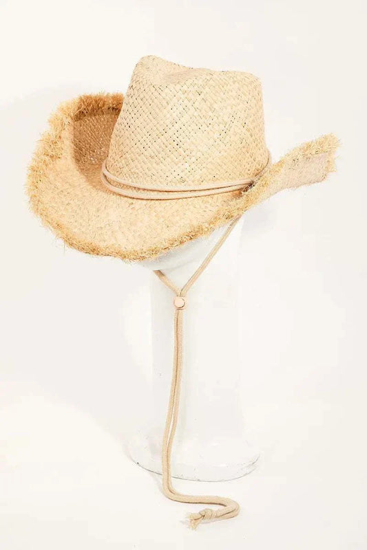 Adjustable strap raw hem weave hat made of 100% raffia with casual beach style and secure fit