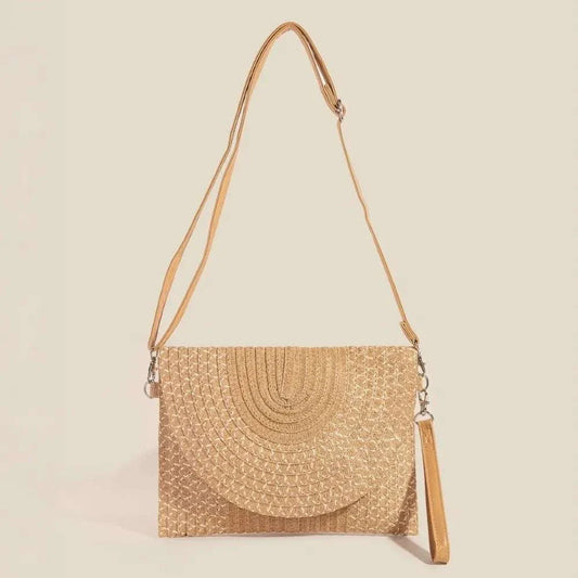 Boho Envelope Clutch with woven texture and adjustable strap in natural earthy tone