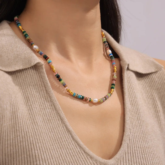 Trendsi Bohemian Natural Stone Jewelry Set featuring colorful beads and pearls for a vibrant look