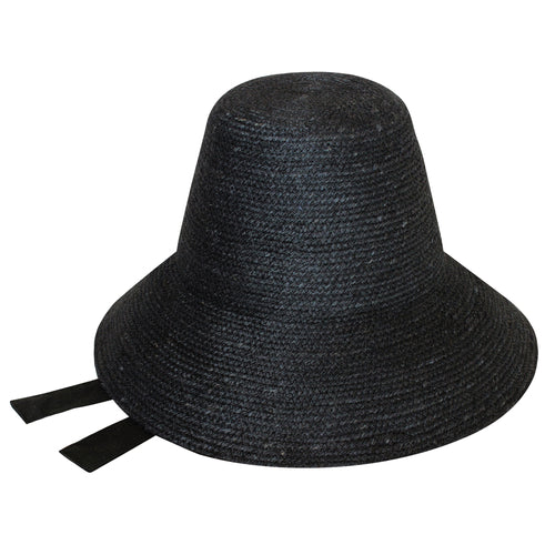 Black MEG jute straw hat with tall crown and medium brim, lined with linen fabric and neck strap
