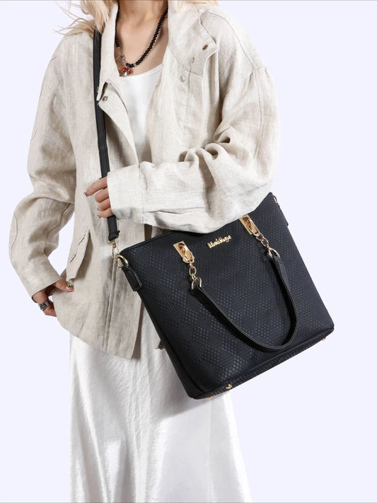 Trendsi 6 piece handbag set featuring a stylish black tote with gold accents and adjustable strap