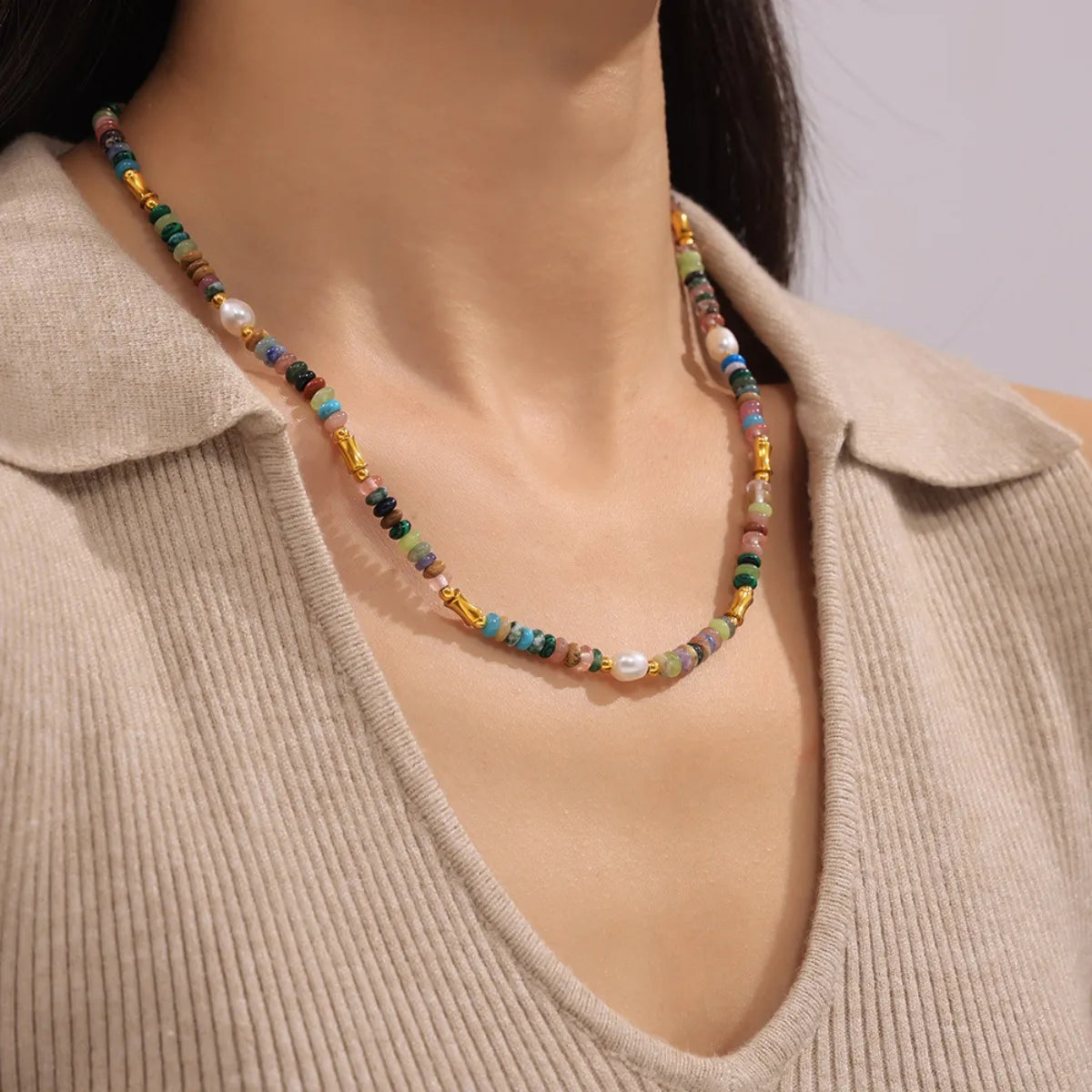 Trendsi Bohemian Natural Stone Jewelry Set featuring colorful beads and pearls for a vibrant look