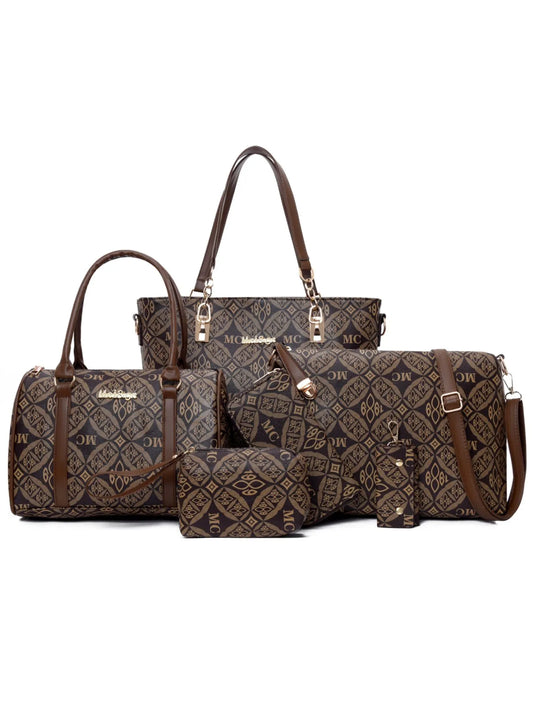 Set of four textured fashion handbags for women in brown with stylish patterns and sturdy straps