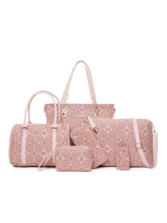 Set of textured fashion handbags for women in pink featuring various sizes and styles