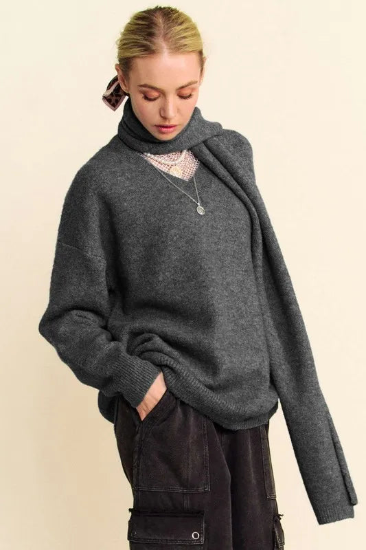 Stylish gray sweater and scarf set for women, perfect for casual and cozy looks.