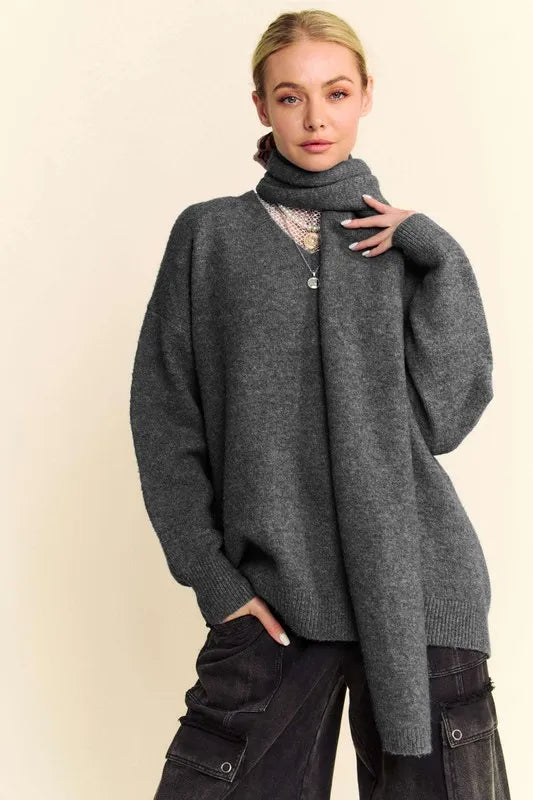 Cozy gray sweater and scarf set for women with a stylish oversized fit and warm fabric